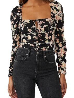 Free People Hilary Black Floral Long Sleeve Cropped Blouse